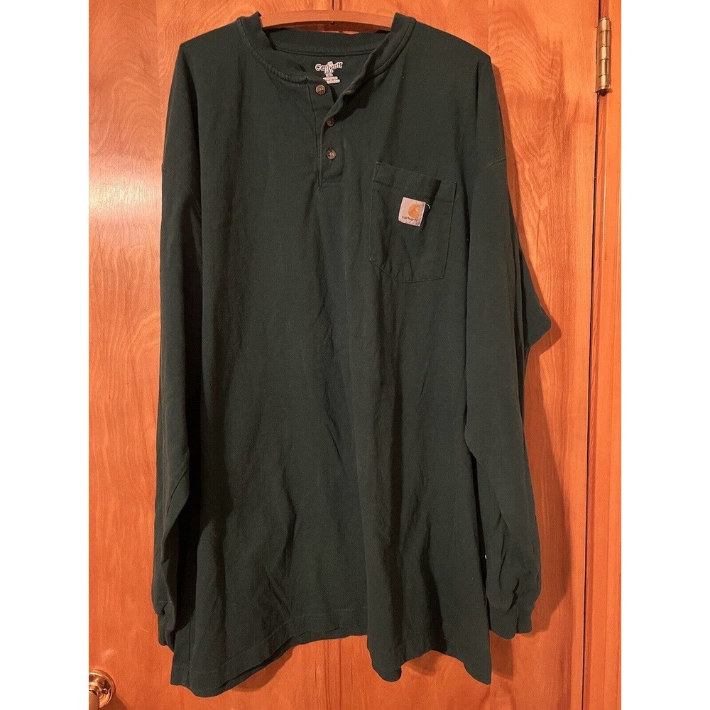 Carhartt T Shirt Mens 2XLT Loose Green Long Sleeve Crew Neck Pullover Henley
